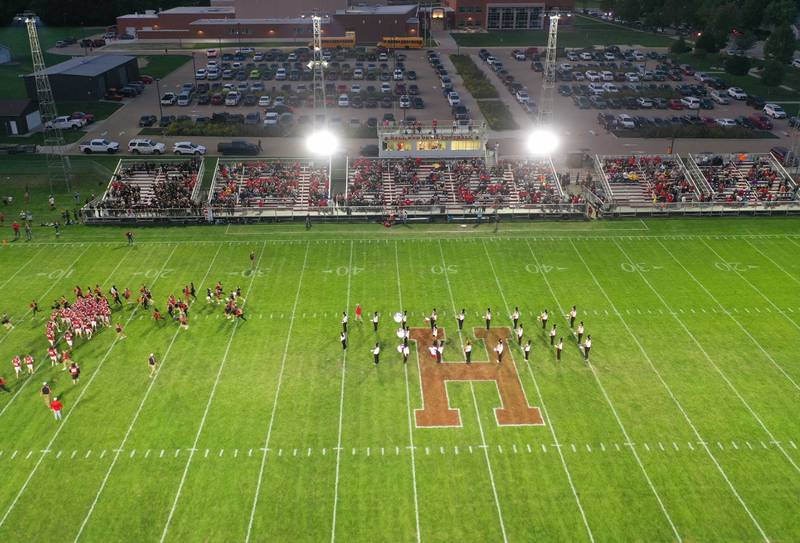 An aerial view of Richard Nesti Stadium on Homecoming night as the Red Devils play Illinois Valley Central on Friday, Sept. 29, 2023 at Richard Nesti Stadium.