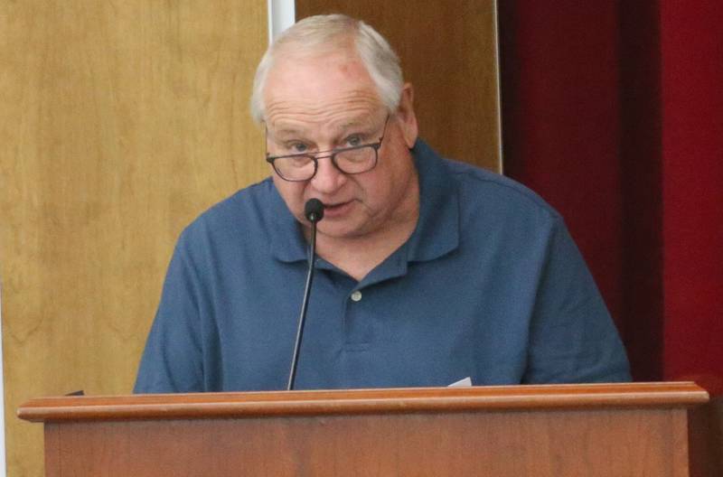 Wayne Eicheilkruat City of Ottawa Commissioner, speaks to the Illinois Health Facilities and Services Review Board during a public hearing regarding OSF St. Elizabeth Hospital's plans to reduce services on Tuesday, June 10, at Central Intermediate School in Ottawa.