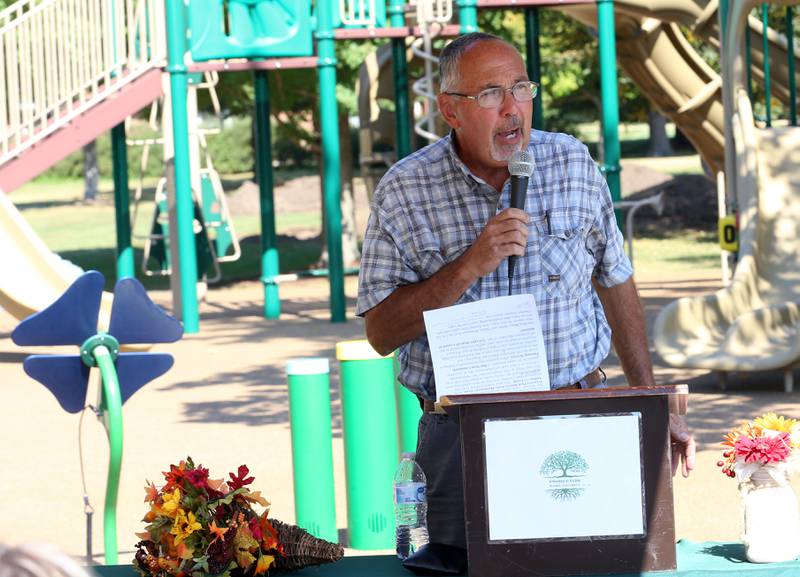 Princeton mayor Ray Mabry, speaks during a new playground dedication on Monday, Sept. 15, 2025 at Zearing Park in Princeton. The 7,000 square-foot playground features sensory panels, in-ground merry-go-round with back support, slides, swings, health development and creative play. Half of the project was paid for by a OSLAD grant and the other half was purchased by the Princeton Park District. No tax dollars were used for the project.