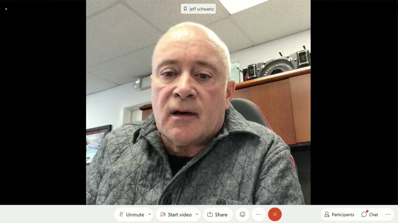 The nominee to fill the late Chuck Wheeler's vacant McHenry County Board seat, Jeffrey Schwartz, is seen during a virtual meeting of board members as he introduces himself.