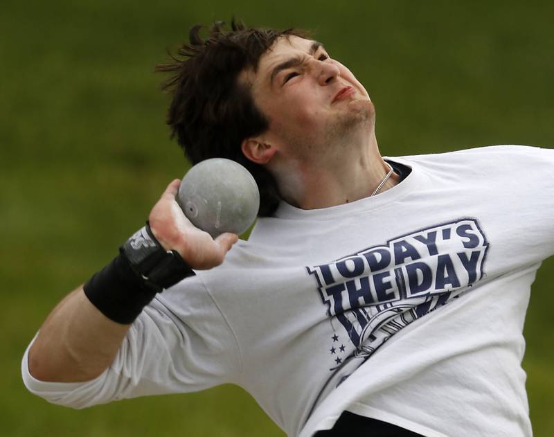 Cary-Grove’s Logan Abrams throws the shot putt during the Huntley IHSA Class 3A Boys Sectional Track and Field Meet on Thursday, May 22, 2025, at Huntley High School.
