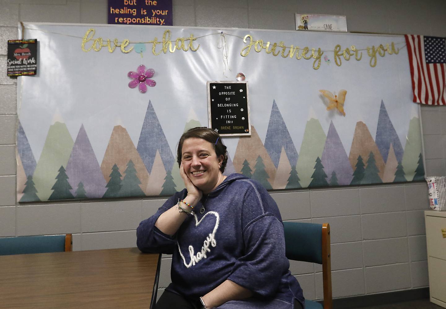 Johnsburg Junior High School social worker Nikki Brosh in her office on Thursday, April 17, 2025, at the school in Johnsburg.