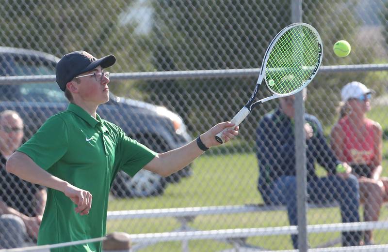 L-P's Adam Kasperski plays tennis against Ottawa on Tuesday, April 11, 2023 at the L-P Athletic Complex in La Salle.
