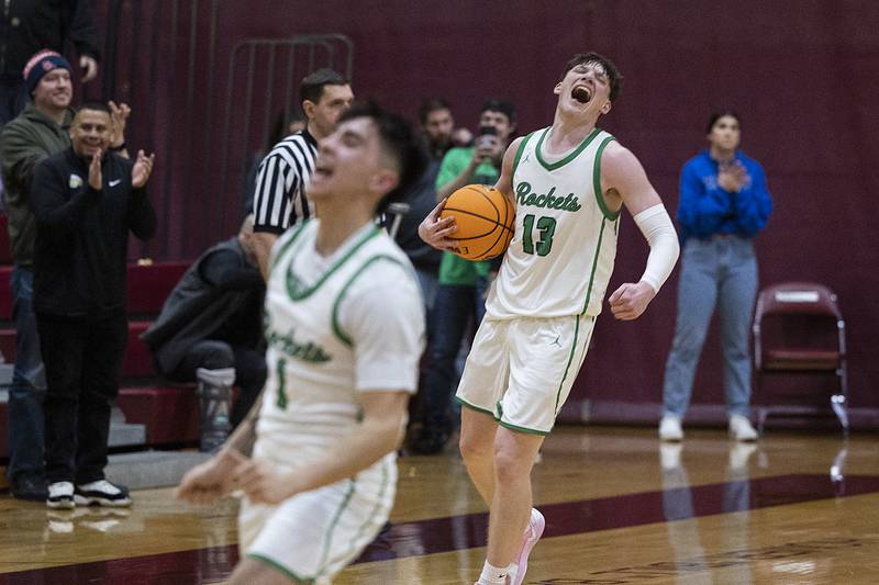 Rock Falls’ Ryken Howard reacts to the Rockets’ win over Princeton Friday, March 7, 2025, in the Class 2A boys basketball Sectional final in Marengo.