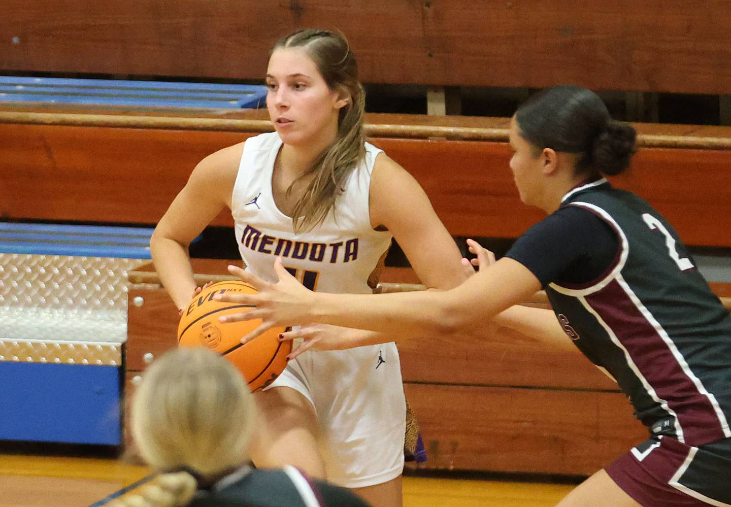 Mendota's Jocelynn Figueroa looks to pass the ball during the Tiger Girls Basketball Holiday Tournament on Tuesday, Nov. 18, 2025 at Princeton High School.