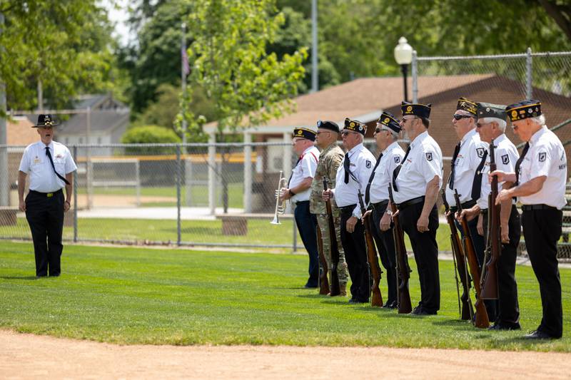 The Peru Honor Guard stands attentive before performing the 21-Gun Salute on Monday, May 26, 2025 at Washington Park in Peru.
