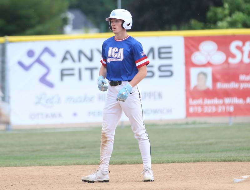 Herscher's Payton Young leads off second base during the ICA Senior Baseball All Star Game on Monday, June 30, 2025 at Schweickert Stadium in Peru.
