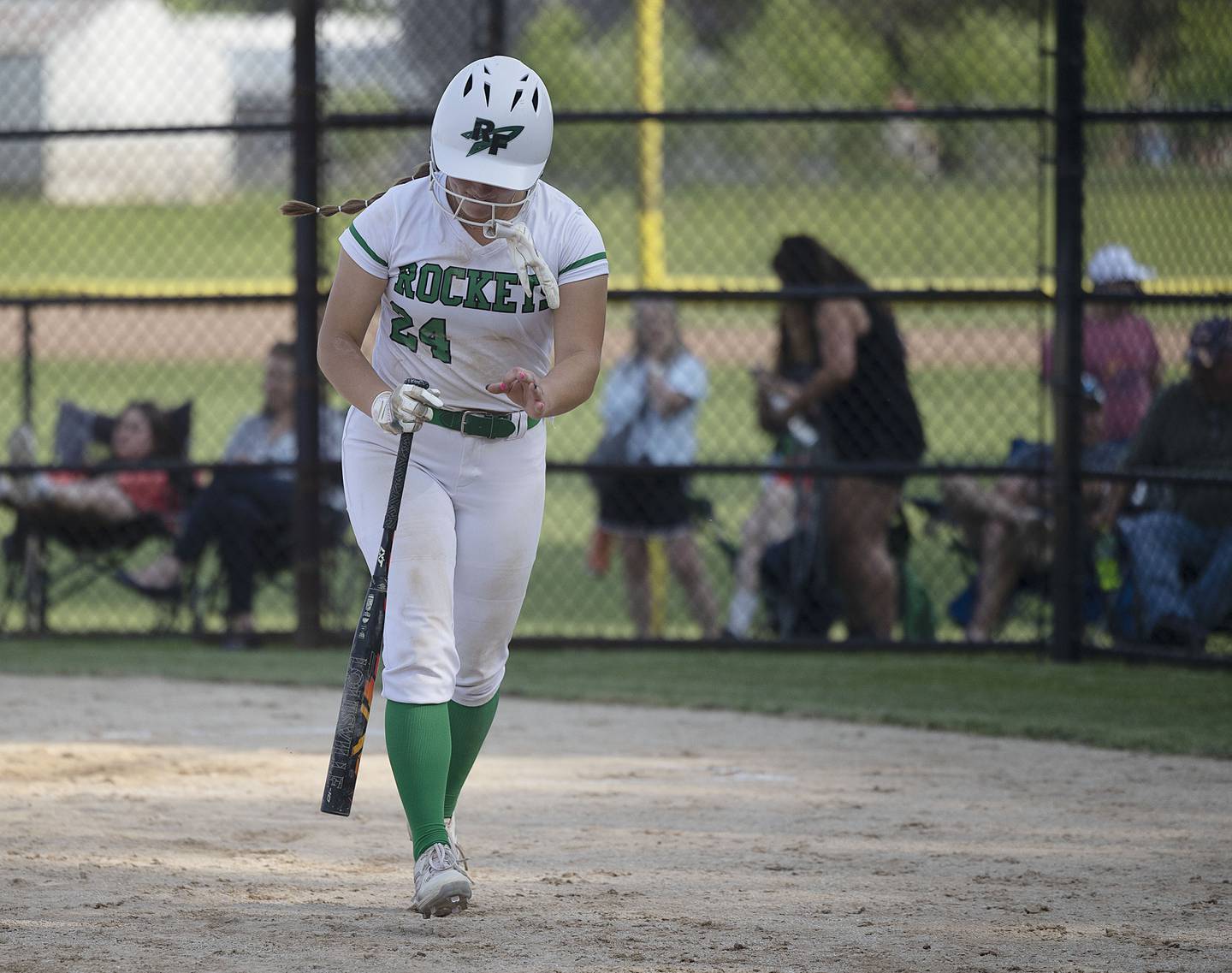 Rock Falls’ Katie Thatcher does a little dance at the end of the Rockets’ big win over Byron Tuesday, May 16, 2023.