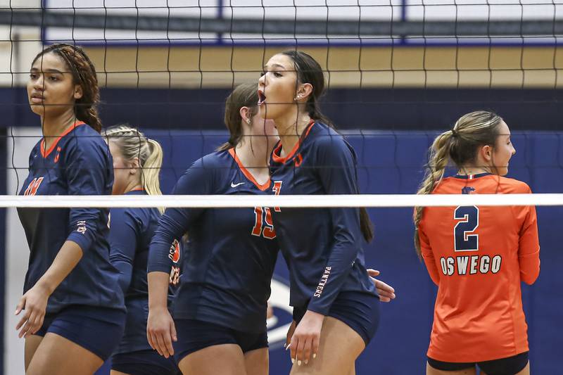 Oswego's Hannah Herrick (7) reacts after one of her kills during Class 4A Regional Final volleyball match between Neuqua Valley at Oswego. Oct 30, 2025 in Plainfield.