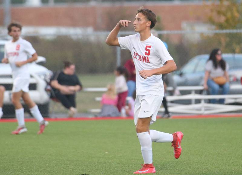 Ottawa's Rory Moore reacts after scoring a goal against L-P on Monday, Oct. 6, 2025 at the L-P Athletic Complex in La Salle.