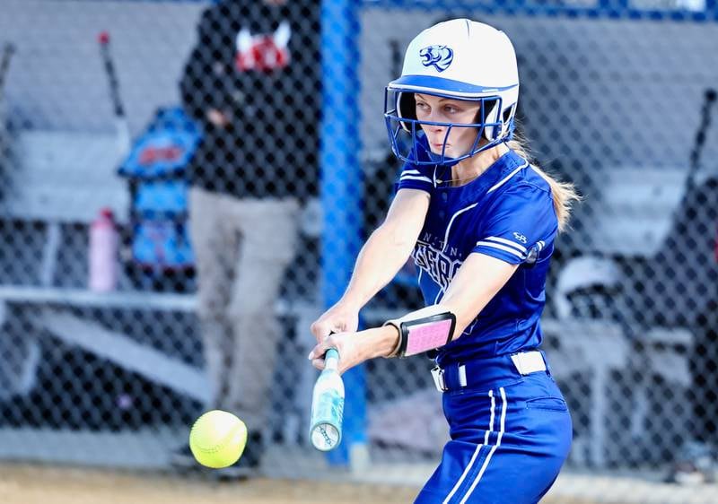 Princeton's Caroline Keutzer hits the ball during the Tigresses' 15-0, four-inning victory on Thursday, May 7, 2026 in Princeton.
