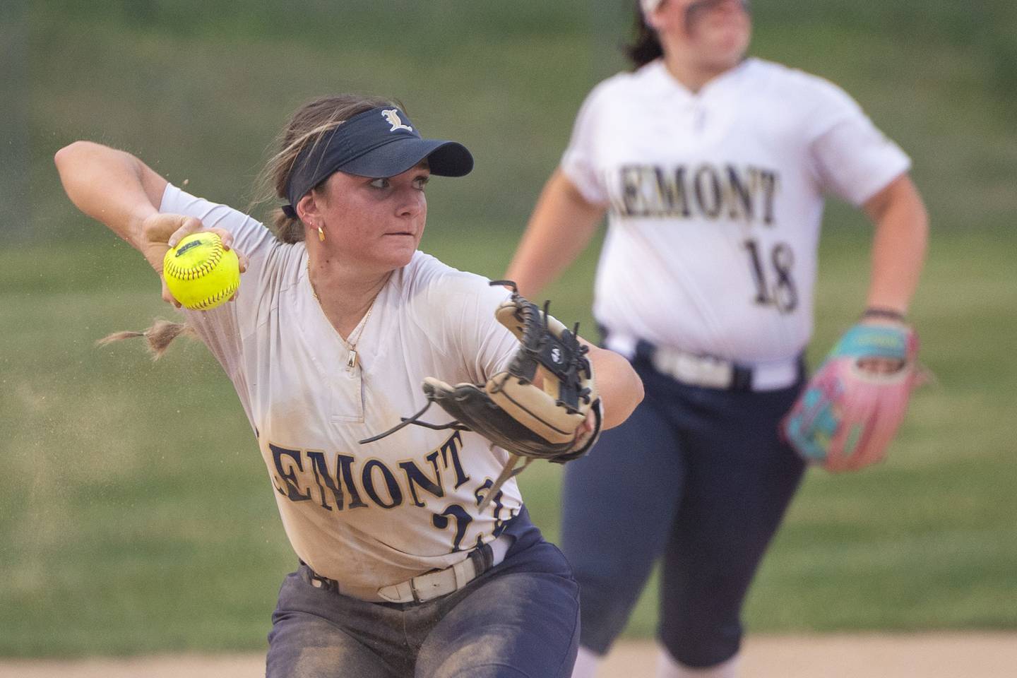 Ava Zdenovec (22) of Lemont looks to throw out runner on Tuesday, June 3, 2025 at Ottawa High School in Ottawa.