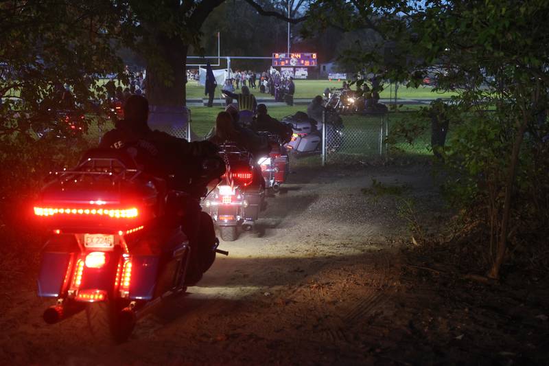 Bikers lead the Wilmington players onto the field before the game against Stillman Valley in the first round of the playoffs on Saturday, Nov. 2, 2024 in Wilmington.