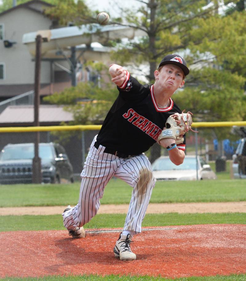 Fulton's Baredon Meyers pitches against River Ridge/Scales Mound at the 1A Lena-Winslow Sectional final on Saturday, May 31, 2025. The Steamers won the game 3-2 to advance ot the supersectional on Monday at Northern Illinois University.