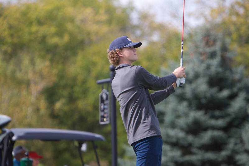 Geneva's Logan Novay tees off at the Class 3A St. Charles North Regional on Wednesday, Oct. 1, 2025 at Bowes Creek Country Club in Elgin.