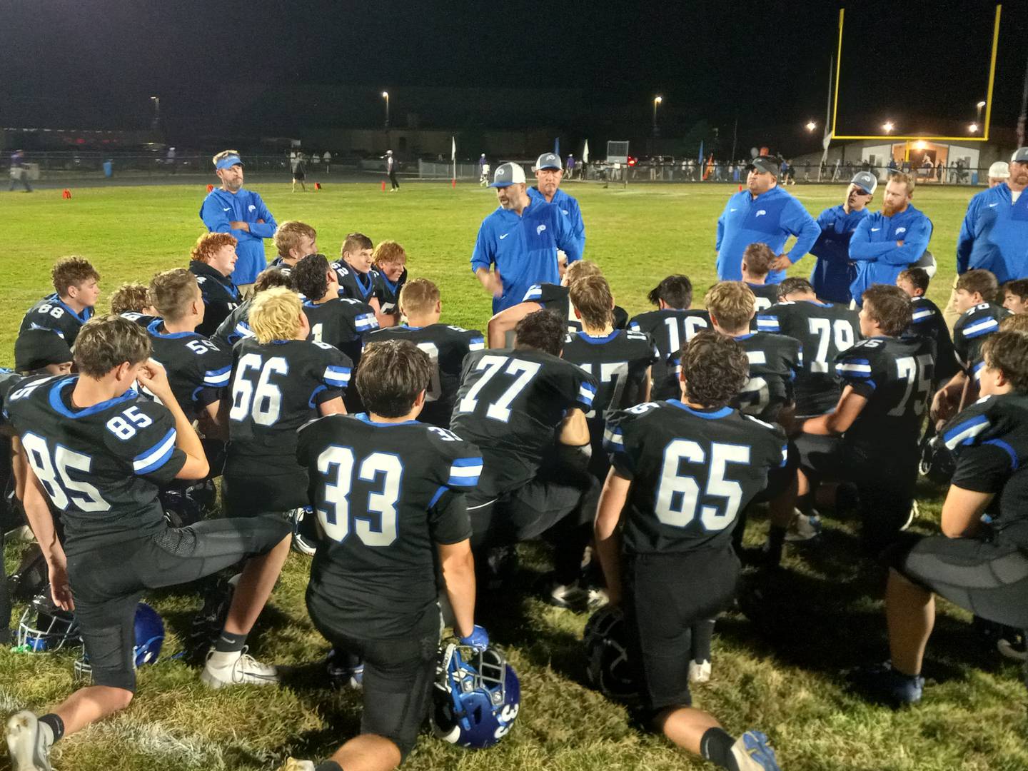 Clifton Central head coach Jeff Perzee addresses the team after their win over Oakwood on Sept. 19, 2025.