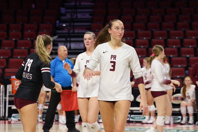 Prairie Ridge's Abigail Smith reacts to a lost point during the Wolves' loss in two sets, 25-20, 25-18, in the IHSA Class 3A State semifinals on Friday, Nov. 14, 2025.