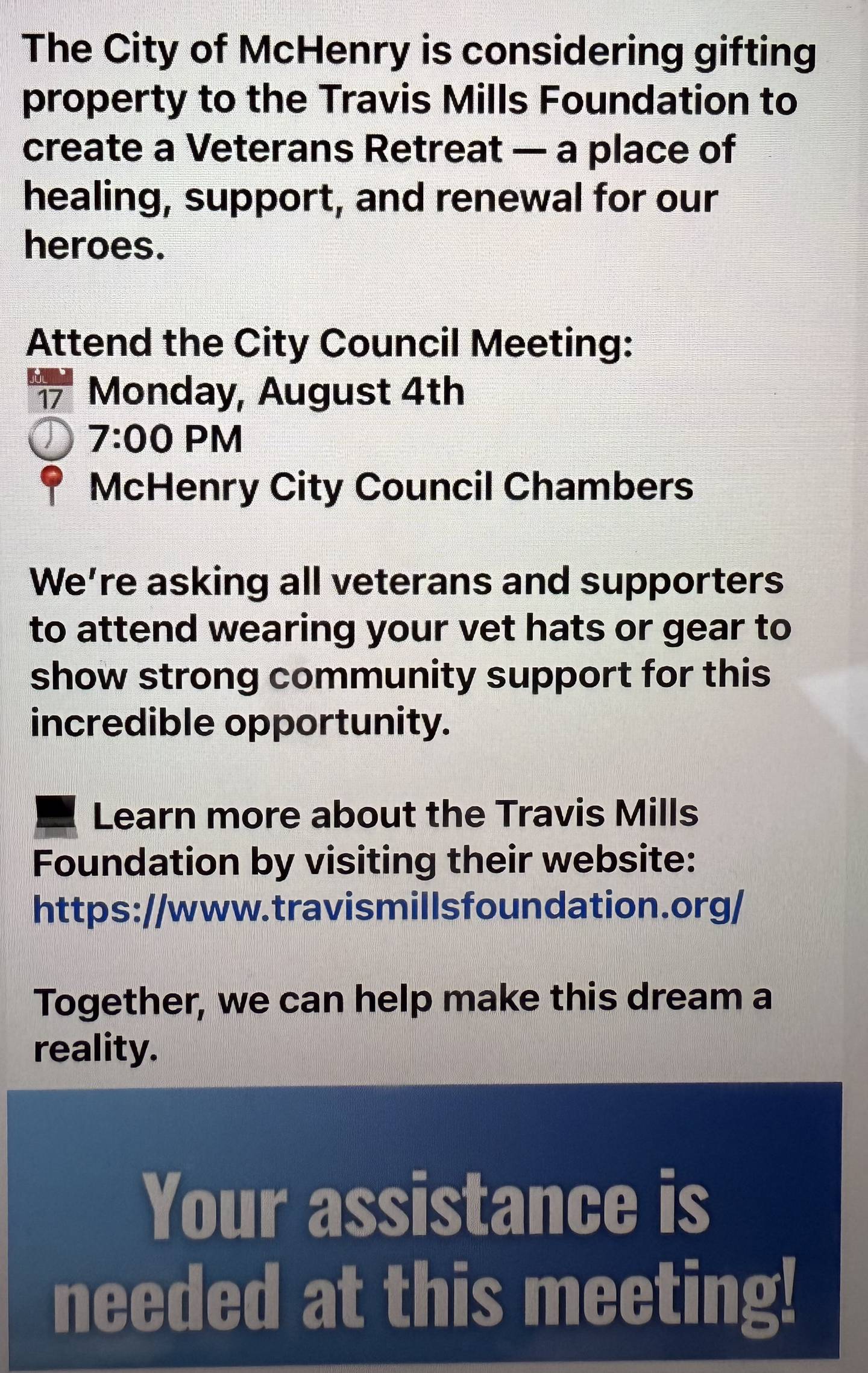 McHenry Mayor Wayne Jett said it was a Facebook post to a local veteran organization page that alerted him that the city was considering donating land to a Maine organization.