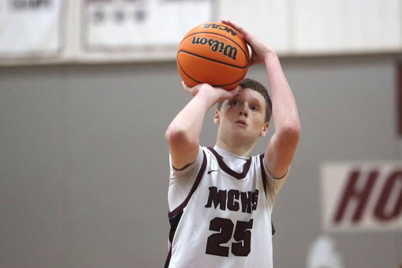 Marengo’s Parker Weadge takes a free throw against Sandwich in varsity boys basketball action on Saturday, Jan..24, 2025, at Marengo High School in Marengo.