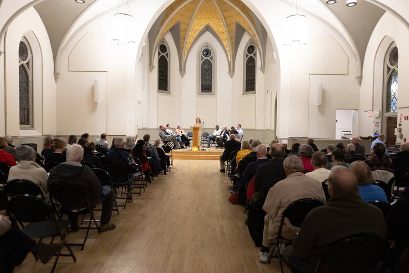 Locals fill Shannon Hall during the International Peace Vigil on Sunday, Nov. 23, 2025, in Batavia.