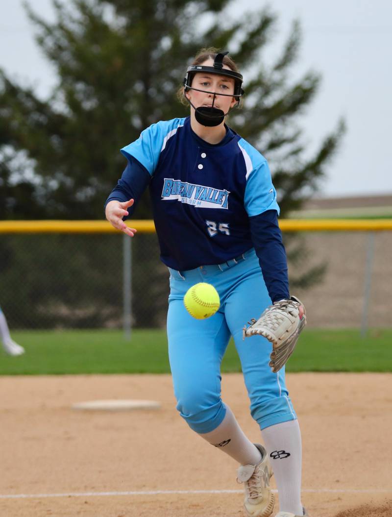 Bureau Valley pitcher Tyra Sayler fires a pitch Monday at Manlius against St. Bede.