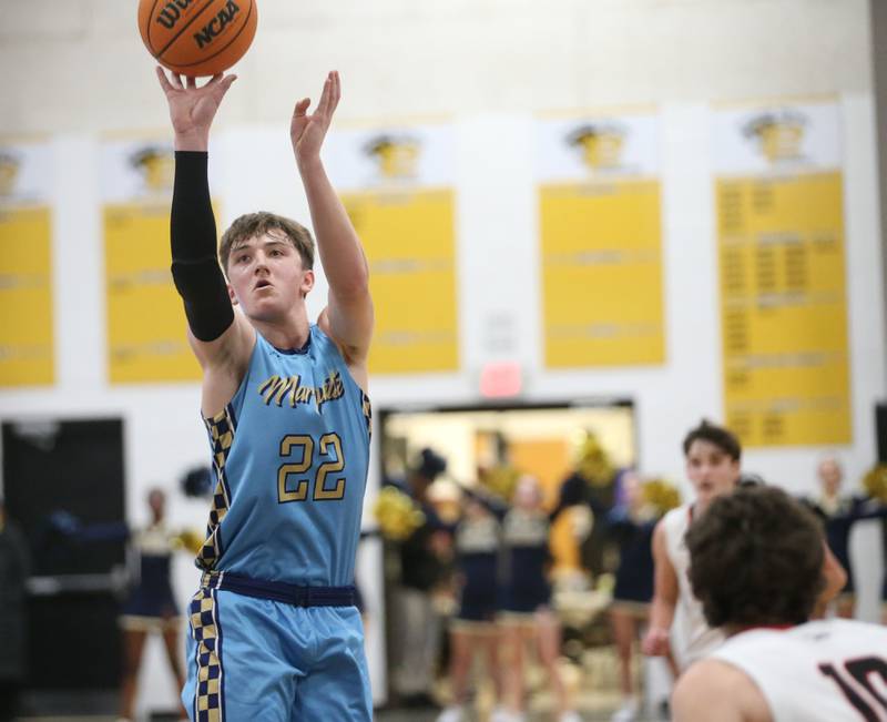 Marquette's Griffin Dobberstein shoots a wide-open jump shot against Woodland during the Tri-County Conference Tournament championship on Friday, Jan. 30, 2026 at Putnam County High School.
