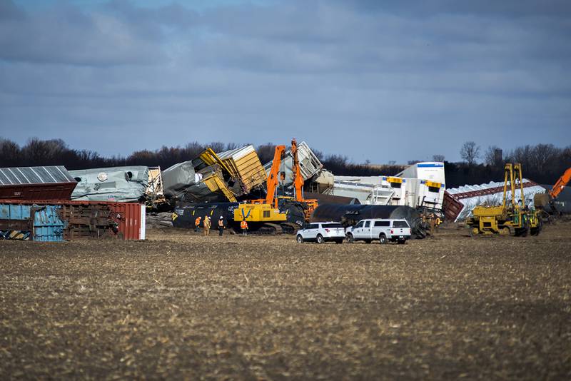 Union Pacific workers clean up the scene of a derailment Thursday morning just west of Dixon.