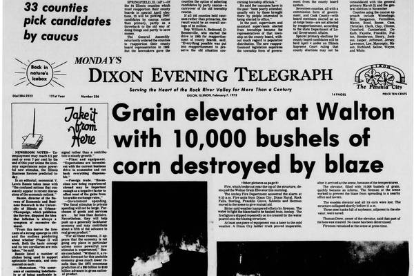 10,000 bushels of corn destroyed by blaze and more historical covers for February 7