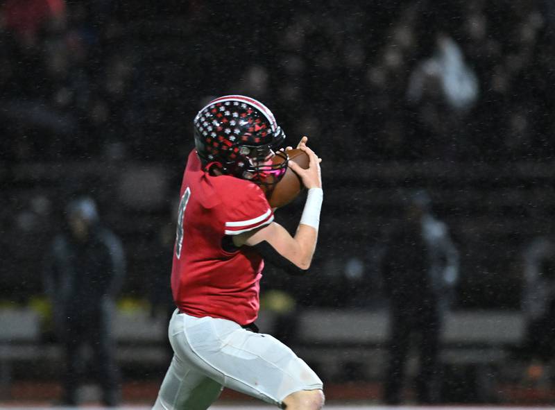 Lincoln-Way Central's Braden Meyer catches a deep pass during the class 7A first round  playoff game against Jacob on Friday, Oct. 27, 2023, at New Lenox. (Dean Reid for Shaw Local News Network)