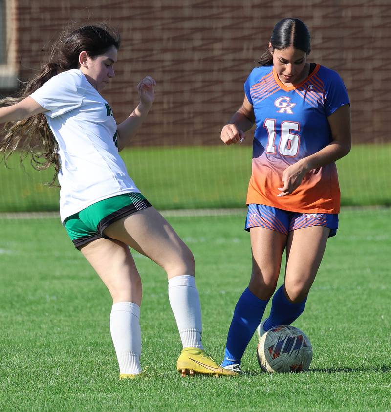 Genoa-Kingston's Alison Ayala (right) steals the ball Thursday, April 23, 2026, during their game against North Boone at Genoa-Kingston High School.