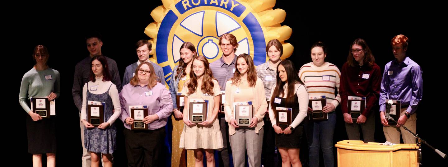Four-year honorees at the 37th Sterling Noon Rotary Student Excellence Program are presented to the audience gathered at Centennial Auditorium on Wednesday.  During the ceremony more than a 100 Sterling and Newman students were recognized for academic achievement.
