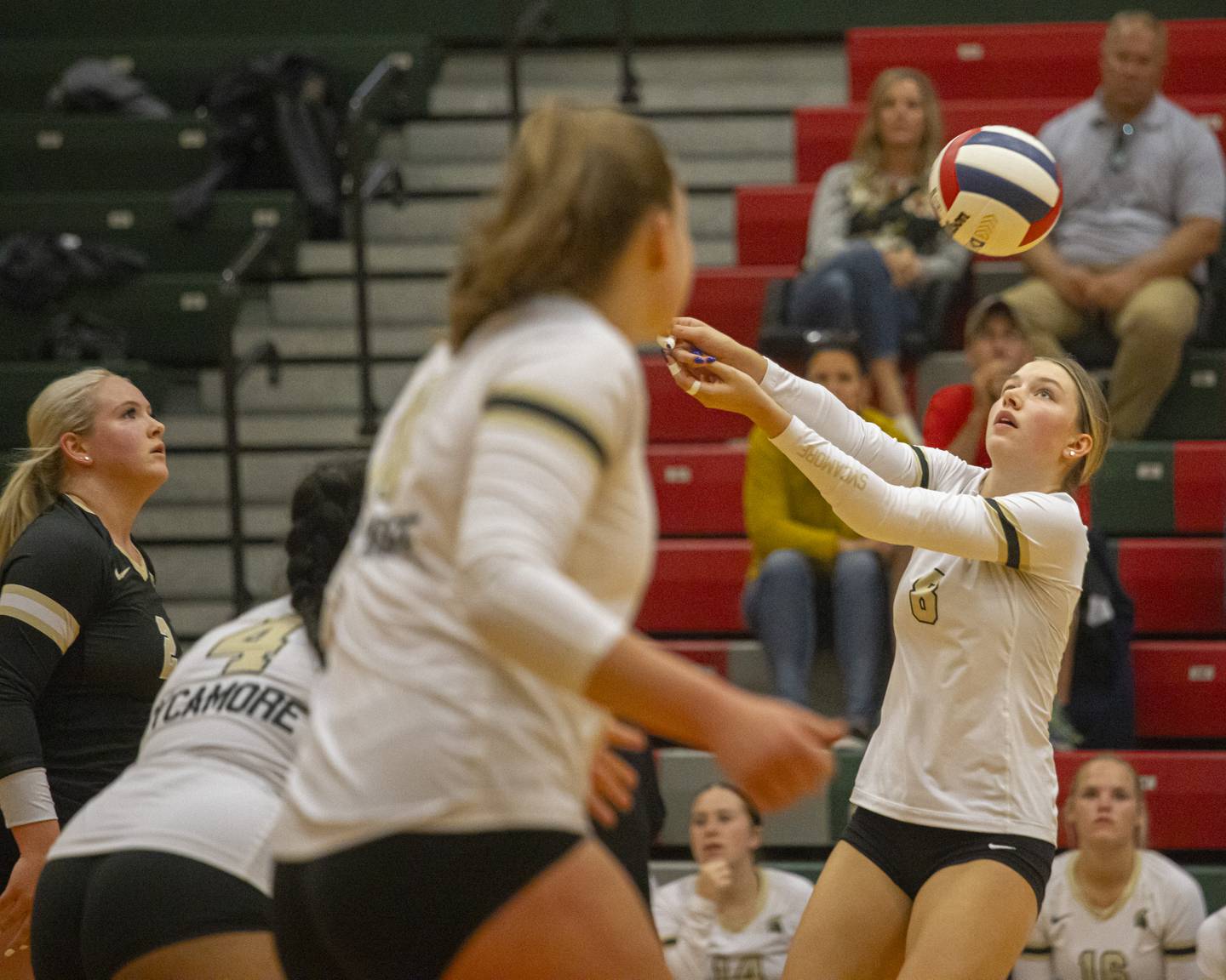 Ava Carpenter (8) bumps up the ball during the second set in the away game at LaSalle-Peru Highschool on September 14, 2023.