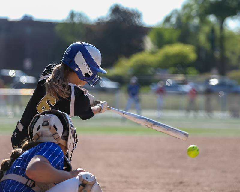 Glenbard North's Brigid Rogers (6) connects on a pitch during the Class 4A Glenbard West Regional Final softball game between Glenbard North at St Charles North.  May 26, 2023.