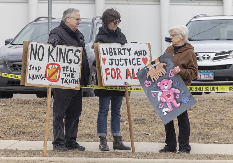 About 100 people gathered at Central Park in Sterling Saturday, Feb. 14, 2026, for an I Love America rally. The rally was organized by Indivisible Sauk Valley.