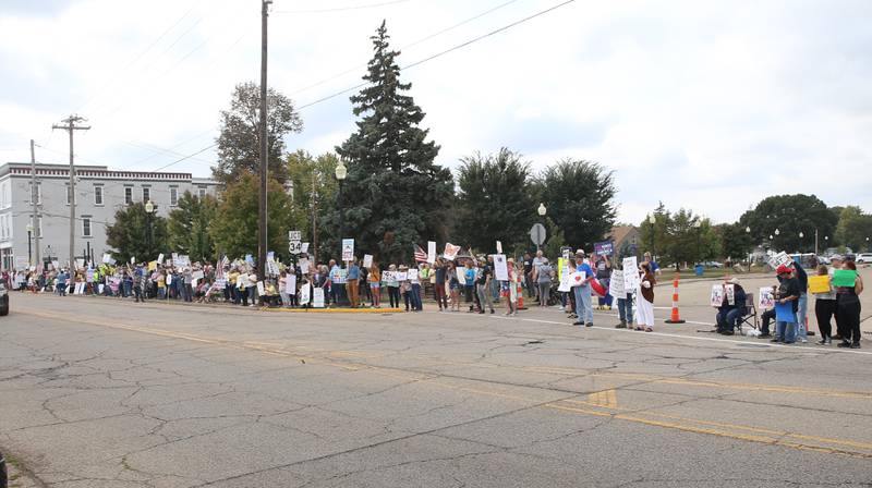 Hundreds gather at Rotary Park during the No Kings protest on Saturday, Oct. 18, 2025 in Princeton.