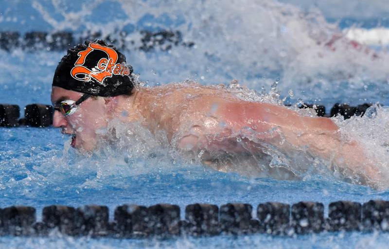 DeKalb’s jacob Gramer swims the 100-yard butterfly during the boys state swimming and diving finals at FMC Natatorium on Saturday, Feb. 24, 2024 in Westmont.