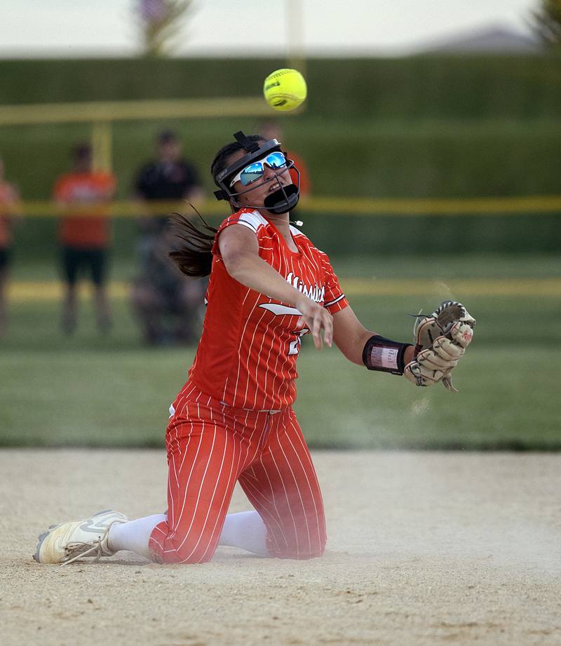 Milledgeville’s Lexis Grenoble throws from her knees for an out against Dakota Tuesday, May 26, 2026, at the Eastland Class 1A softball sectional quarterfinal.