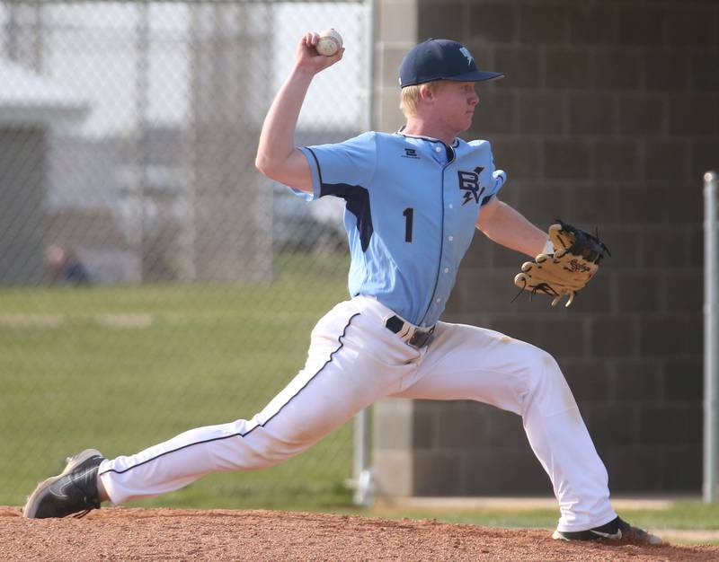 Bureau Valley's Bryce Helms lets go of a pitch to Princeton on Thursday, April 25, 2024 at Bureau Valley High School.