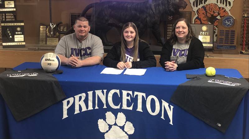 Princeton senior Libby Boyles signed to play volleyball and softball for IVCC. She was joined at her signing Wednesday by her parents, Denny and Gina, and PHS coach Joe Bates and Andy Puck (not pictured).