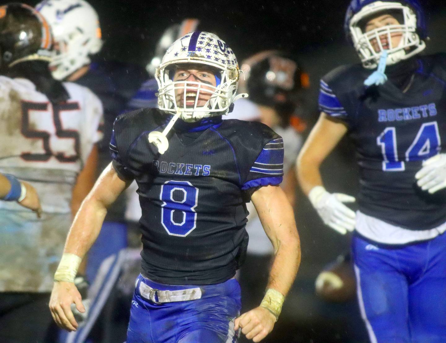 Burlington Central’s Tyler McGladdery reacts after scoring his second of two touchdowns against Harlem in IHSA football Class 6A second-round playoff action at Central High School in Burlington on Saturday, November 8, 2025.