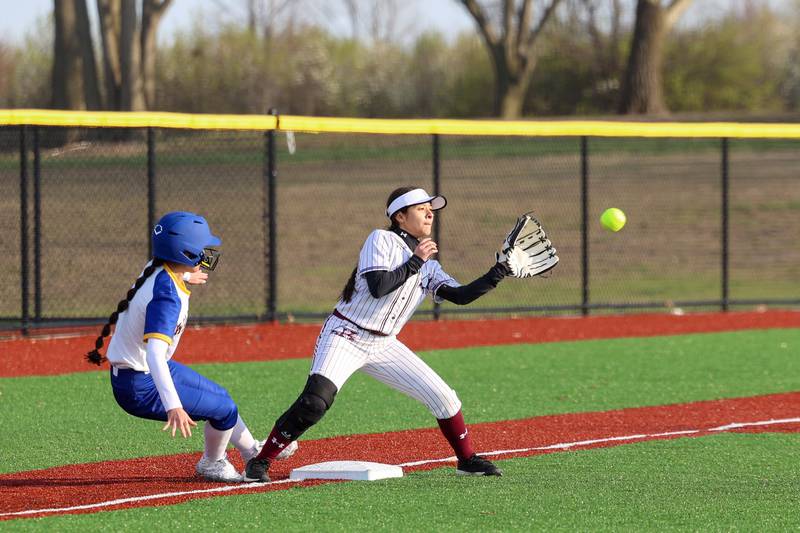 Kankakee's Mikaylah Santoyo catches a throw to third during the Kays 20-11 loss to Crete-Monee on Tuesday, April 7, 2026.