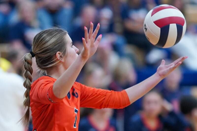 Oswego’s Alexis Terrazas (1) serves the ball during a volleyball match against Minooka at Oswego High School on Thursday, Oct. 3, 2024.