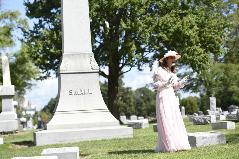 Richelle Prokop, of Peotone, portrays Grace Small, former vice president and director of The Kankakee Daily Journal and daughter-in-law to Gov. Len Small, at Mound Grove Cemetery in Kankakee on Sunday, August 24, 2025.