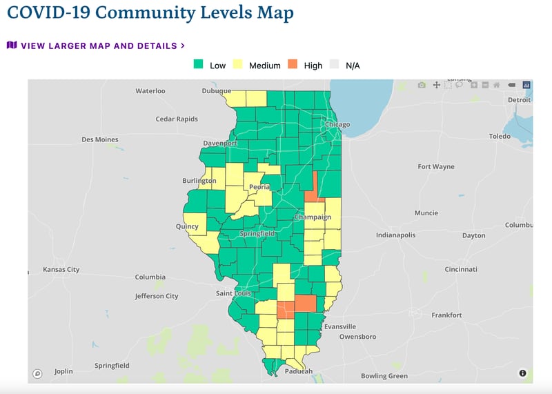 The latest COVID-19 community levels map as of Friday, September 23, 2022, according to the Illinois Department of Public Health.