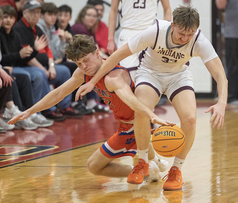 Eastland’s Braden Anderson goes for the steal against Dakota’s Austin Stuckey Wednesday, March 4, 2026, in the Orion 1A sectional semifinal.