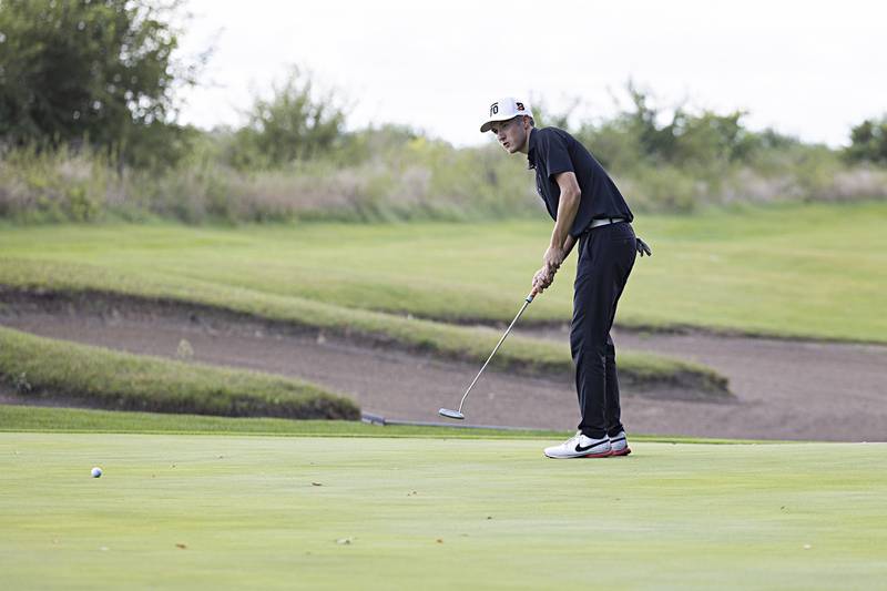 Byron’s Mason Brandt putts on #12 Wednesday, Sept. 27, 2023 during the class 2A golf regionals at Deer Valley Country Club.