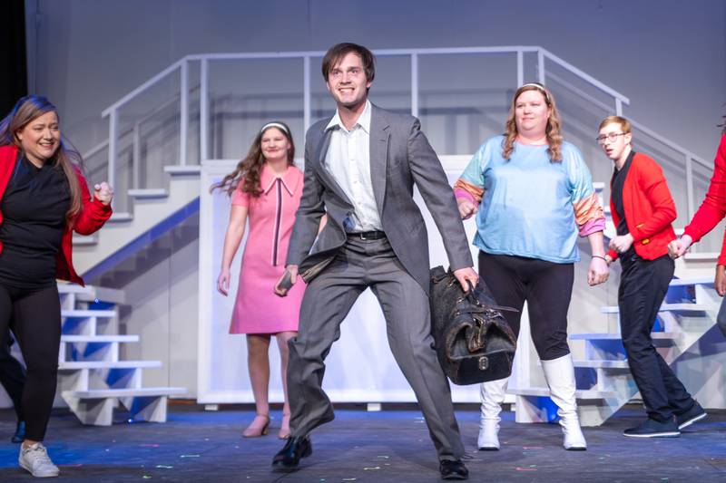 “Frank Abagnale Jr.” (Played by Payton Drake) dances on Monday, March 24, 2025 at River Valley Players Theatre in Henry.