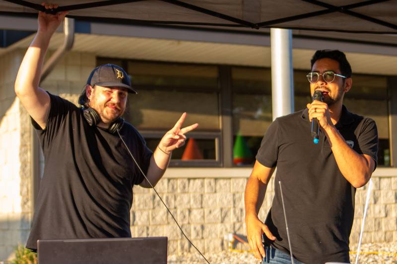 (Left) Blake Lazcano and Adolfo Lazcano of Festive Entertainment entertain the crowd Friday, Aug. 23, 2024, during Family Safe Night outside of the Mendota Civic Center.