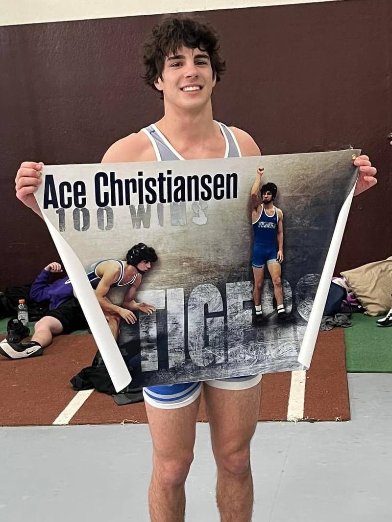 Princeton junior Ace Christiansen won his 100th career match at the LeRoy Invitational, becoming the 20th Tiger to reach that mark. He stands 25-4 this year  and 101-30 overall.