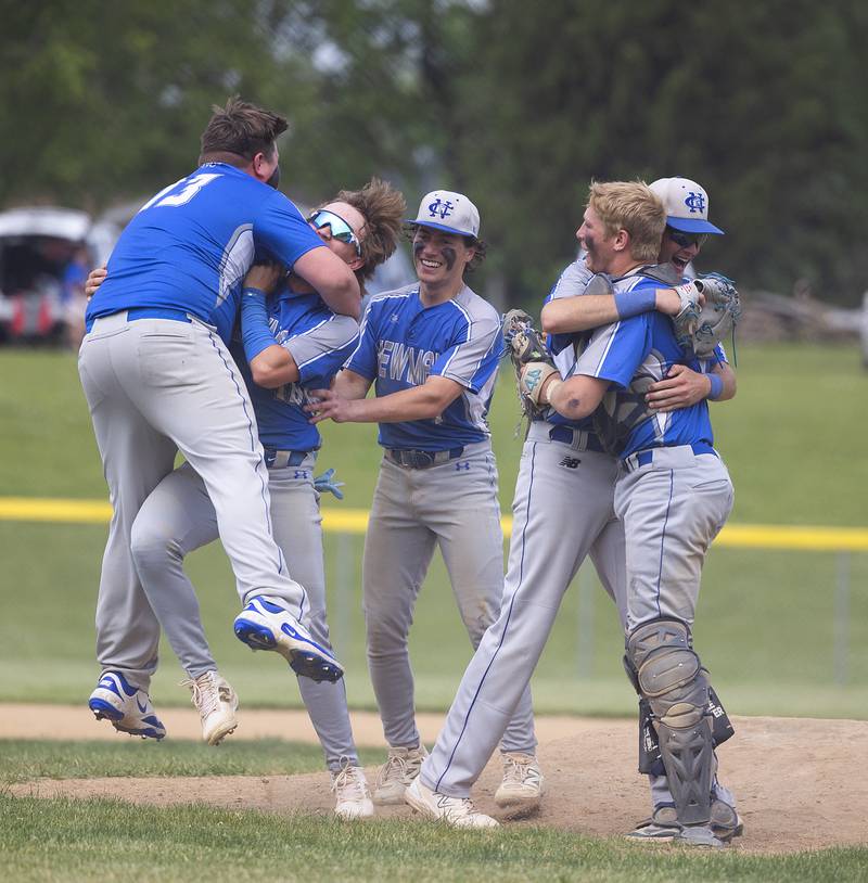 Newman celebrates their 6-2 win over Johnsburg Saturday, May 31, 2025, in the Class 2A Sectional final in Mendota.